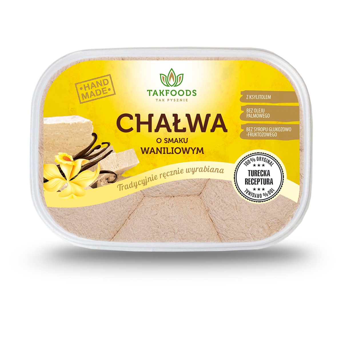 Opakowanie chałwy waniliowej marki Takfoods z napisem 'Tradycyjnie ręcznie wyrabiana' i informacjami o składzie: z ksylitolem, bez oleju palmowego, bez syropu glukozowo-fruktozowego,...