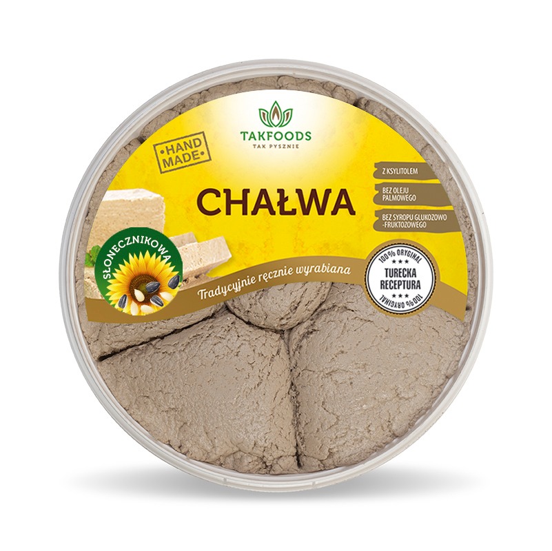 Okrągłe opakowanie chałwy słonecznikowej marki Takfoods z widocznymi informacjami o składzie i tradycyjnym ręcznym wyrobie.