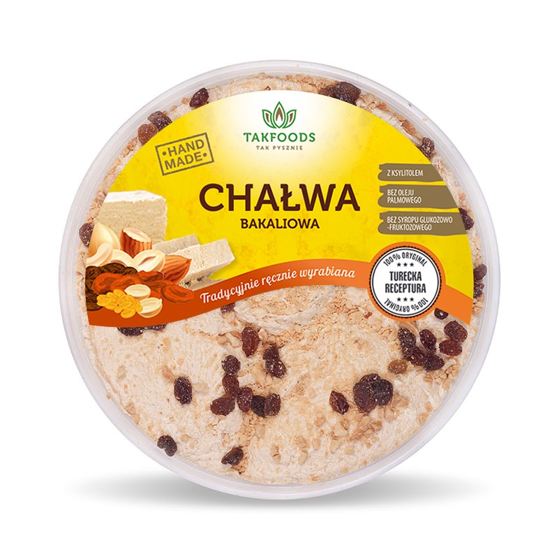 Okrągłe opakowanie chałwy bakaliowej marki Takfoods z widocznymi kawałkami chałwy, orzechami i rodzynkami, z informacją o ręcznym wyrobie i braku oleju palmowego oraz syropu glukozowo-fruktozowego.