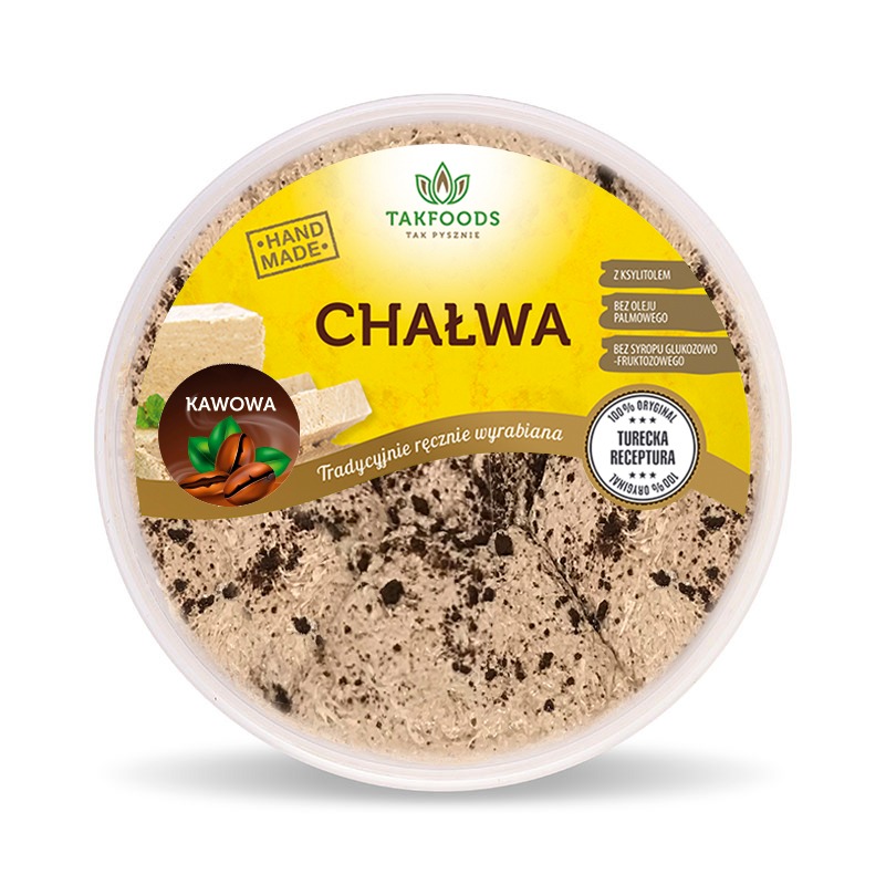 Okrągłe opakowanie chałwy kawowej Takfoods z napisem 'Tradycyjnie ręcznie wyrabiana', informacjami o braku oleju palmowego i syropu glukozowo-fruktozowego oraz oznaczeniem '100% oryginalna turecka...