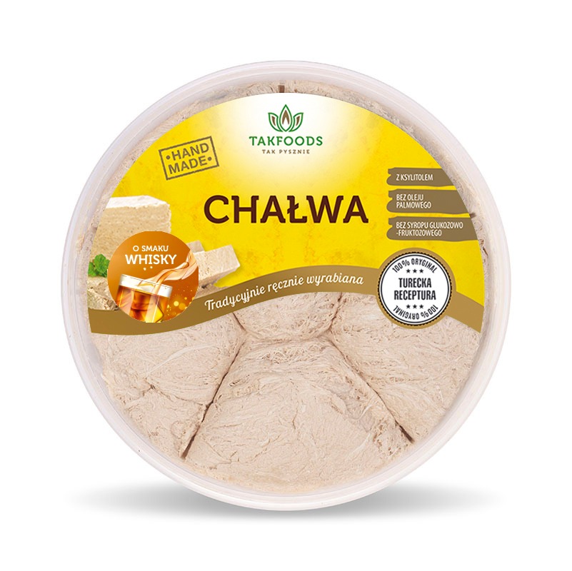 Okrągłe opakowanie chałwy marki Takfoods, z etykietą informującą o ręcznym wykonaniu i smaku whisky, bez oleju palmowego i syropu glukozowo-fruktozowego, z turecką recepturą.