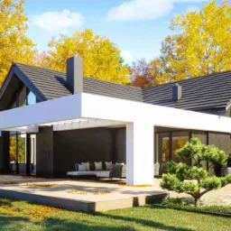 Wizualizacja nowoczesnego domu z ciemnego drewna z białymi elementami architektonicznymi w Nowym Sączu, otoczonego jesiennym krajobrazem z drzewami o żółtych liściach i starannie zaprojektowanym...