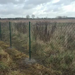 Długi fragment zielonej, metalowej siatki ogrodzeniowej z zielonymi słupkami na tle pola i pochmurnego nieba, widoczne ślady cementu u podstawy słupków.