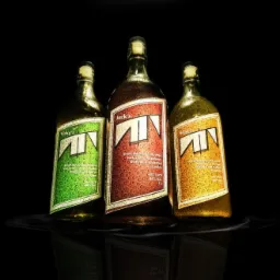 Trzy butelki rzemieślniczego ginu z etykietami Vicky's, Jack's i Billy's na czarnym tle z odbiciem.