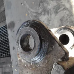 Metalowy element konstrukcyjny z widocznymi śladami spawania wokół otworu, leżący na betonowej posadzce z drewnianą wstawką i kratką ściekową.