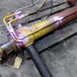 Hydrauliczny siłownik po teście szczelności barwnikiem penetracyjnym, leżący na drewnianej palecie. Widoczne liczne żółte przewody i złącza, a także ślady różowego barwnika.