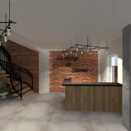 Wizualizacja wnętrza biura w Łącku z ceglaną ścianą, schodami z czarną balustradą i drewnianą recepcją pod nowoczesną lampą.