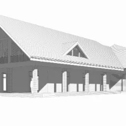 Szkic architektoniczny parterowego budynku usługowego z poddaszem użytkowym, zadaszonym tarasem i kolumnami z cegły, widok z perspektywy.