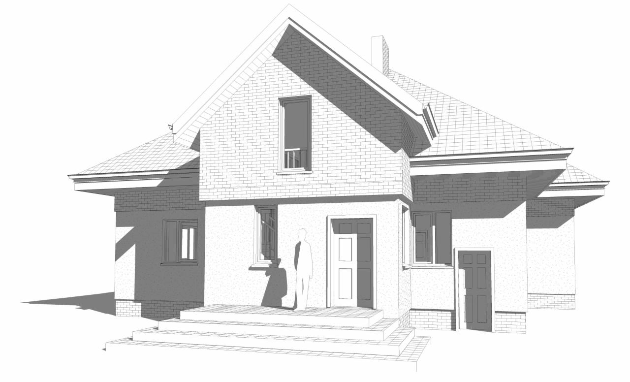 Szkic architektoniczny dwukondygnacyjnego domu z ceglaną elewacją, dwuspadowym dachem i kominem, z widocznymi schodami wejściowymi i zarysem sylwetki człowieka przed drzwiami.