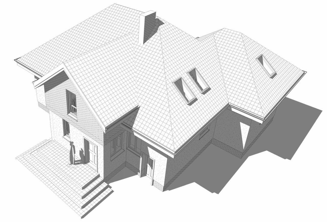Wizualizacja 3D domu jednorodzinnego z poddaszem, prezentująca elewację z cegły, dach z dachówką i lukarnami. Widoczny taras z schodami wejściowymi.