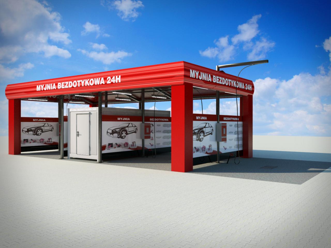 Wizualizacja 3D bezdotykowej myjni samochodowej 24h z czerwonym zadaszeniem, białym kontenerem technicznym i panelami z grafikami samochodów na tle błękitnego nieba.