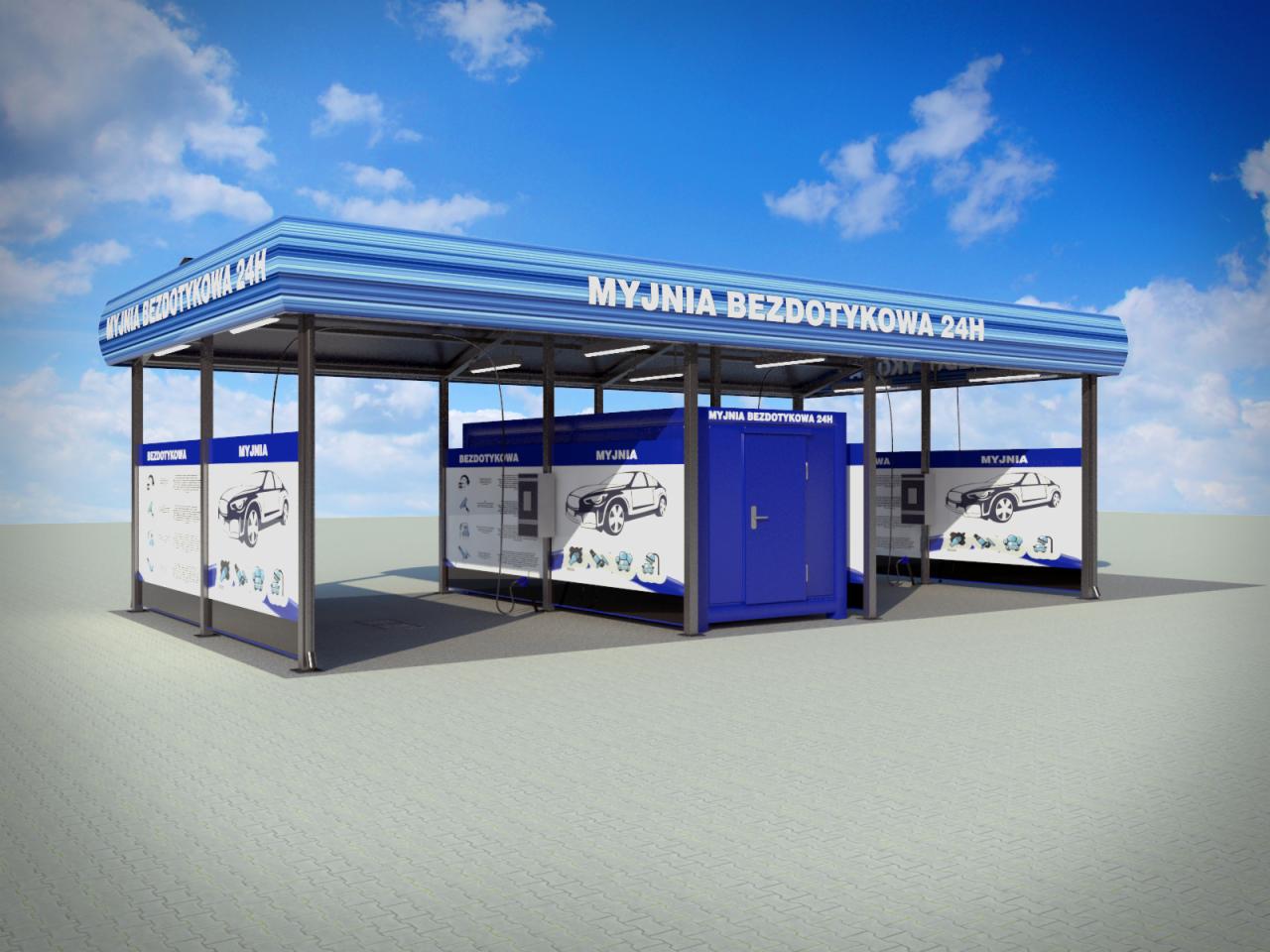 Wizualizacja projektu myjni bezdotykowej 24h z niebieskim dachem i panelami informacyjnymi z grafikami aut, na tle błękitnego nieba.