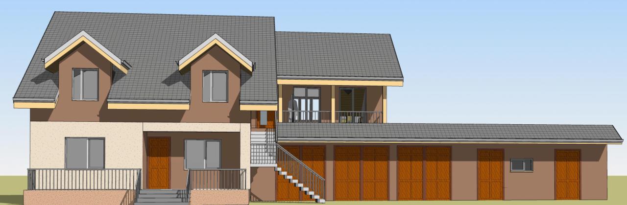 Wizualizacja 3D dwukondygnacyjnego domu z garażem, widok z przodu, szara dachówka, beżowo-brązowa elewacja, balkon na piętrze, schody wejściowe.