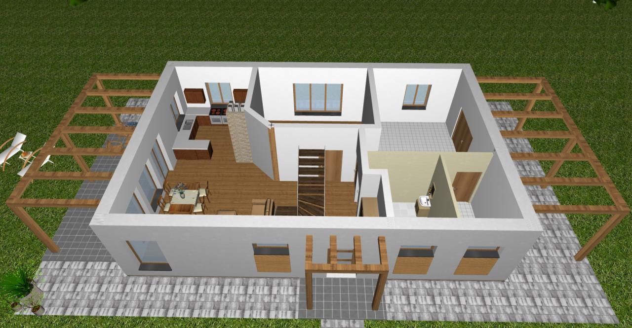 Wizualizacja 3D przekroju domu jednorodzinnego z drewnianą pergolą, ukazuje układ pomieszczeń: kuchnia, salon z jadalnią, łazienka, schody na piętro.