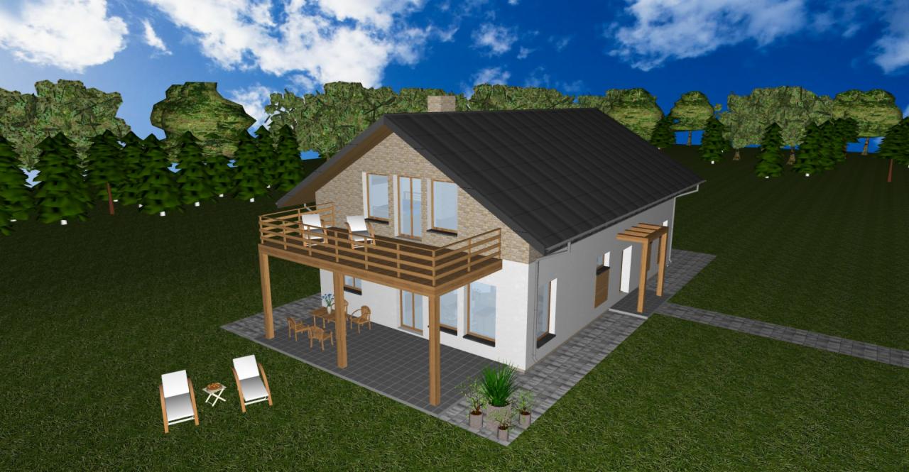 Wizualizacja dwukondygnacyjnego domu jednorodzinnego z tarasem na piętrze, z czarnym dachem, jasną elewacją i kamiennym kominem, otoczonego zielenią i błękitnym niebem z chmurami.