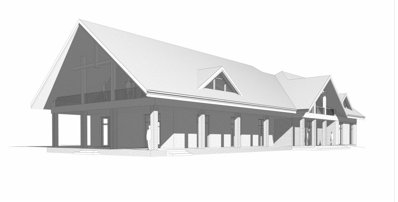 Szkic architektoniczny parterowego budynku usługowego z poddaszem użytkowym, zadaszonym tarasem i kolumnami z cegły, widok z perspektywy.