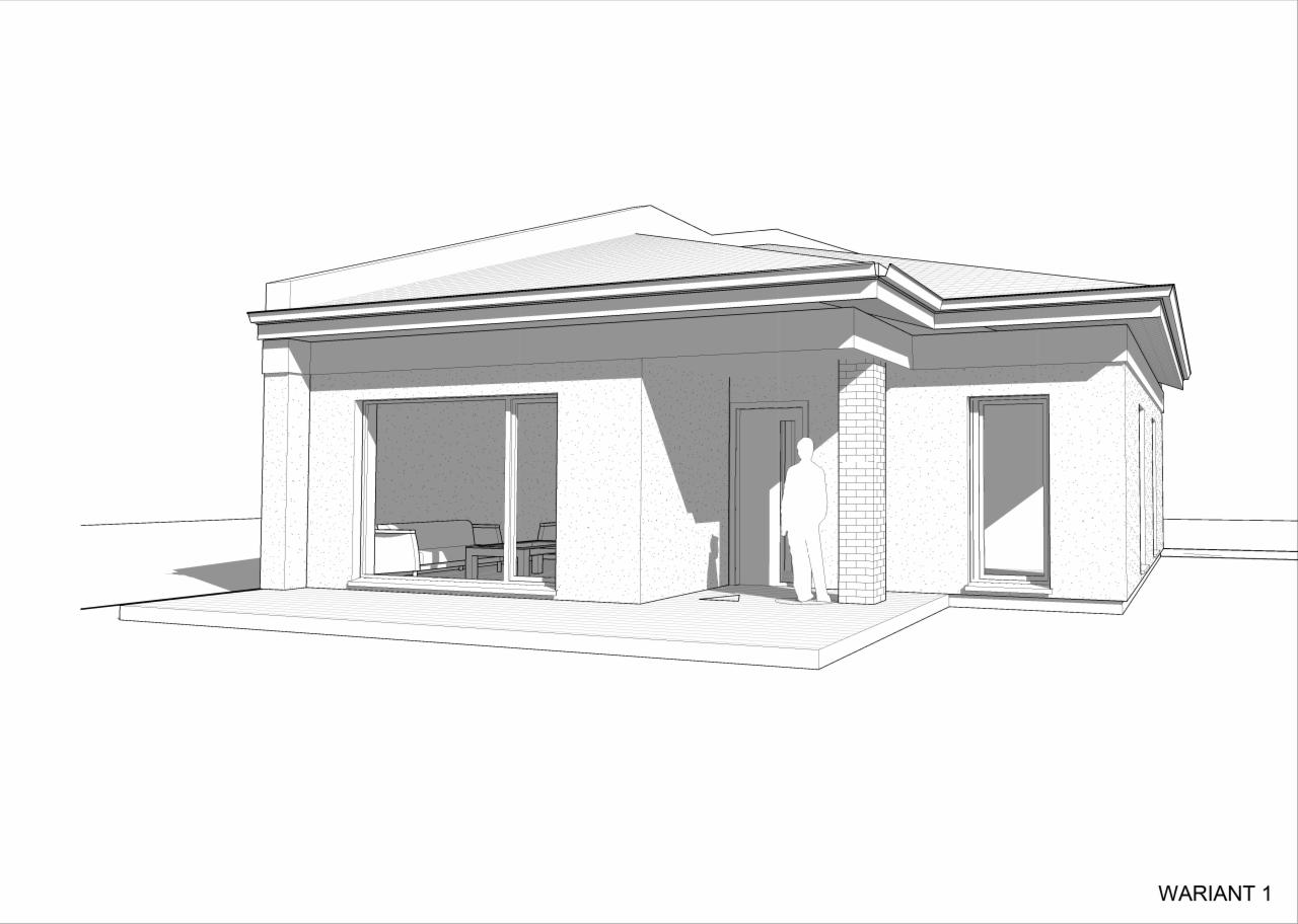 Wizualizacja 3D parterowego domu z płaskim dachem, dużym oknem tarasowym i filarem z cegły klinkierowej przy wejściu, podpisana 'WARIANT 1'.