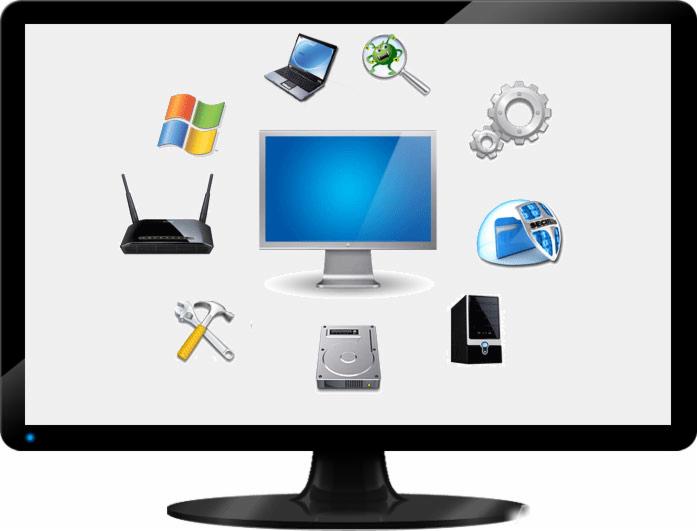 Monitor wyświetlający ikony związane z serwisem komputerowym: laptop, router, dysk twardy, narzędzia, zębatki, lupa z wirusem, ikona Windows, ikona bezpieczeństwa i komputer stacjonarny.