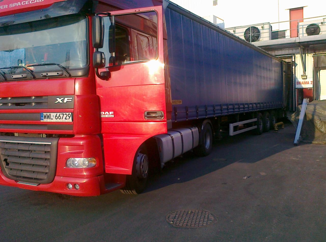 Czerwona ciężarówka DAF XF z niebieską naczepą zaparkowana przed rampą załadunkową 'Brama 2', z widocznym numerem rejestracyjnym WWL 66729 i odbiciem słońca na kabinie.