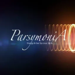 Logo firmy Parsymonia Energy & Gas Sp. z o.o. Sp. K. z efektem świetlnym w postaci szeregu koncentrycznych, pomarańczowych okręgów.