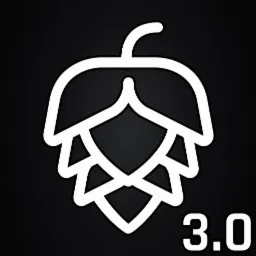 Stylizowany, biały kontur szyszki chmielu i liczba 3.0 na czarnym, teksturowanym tle.