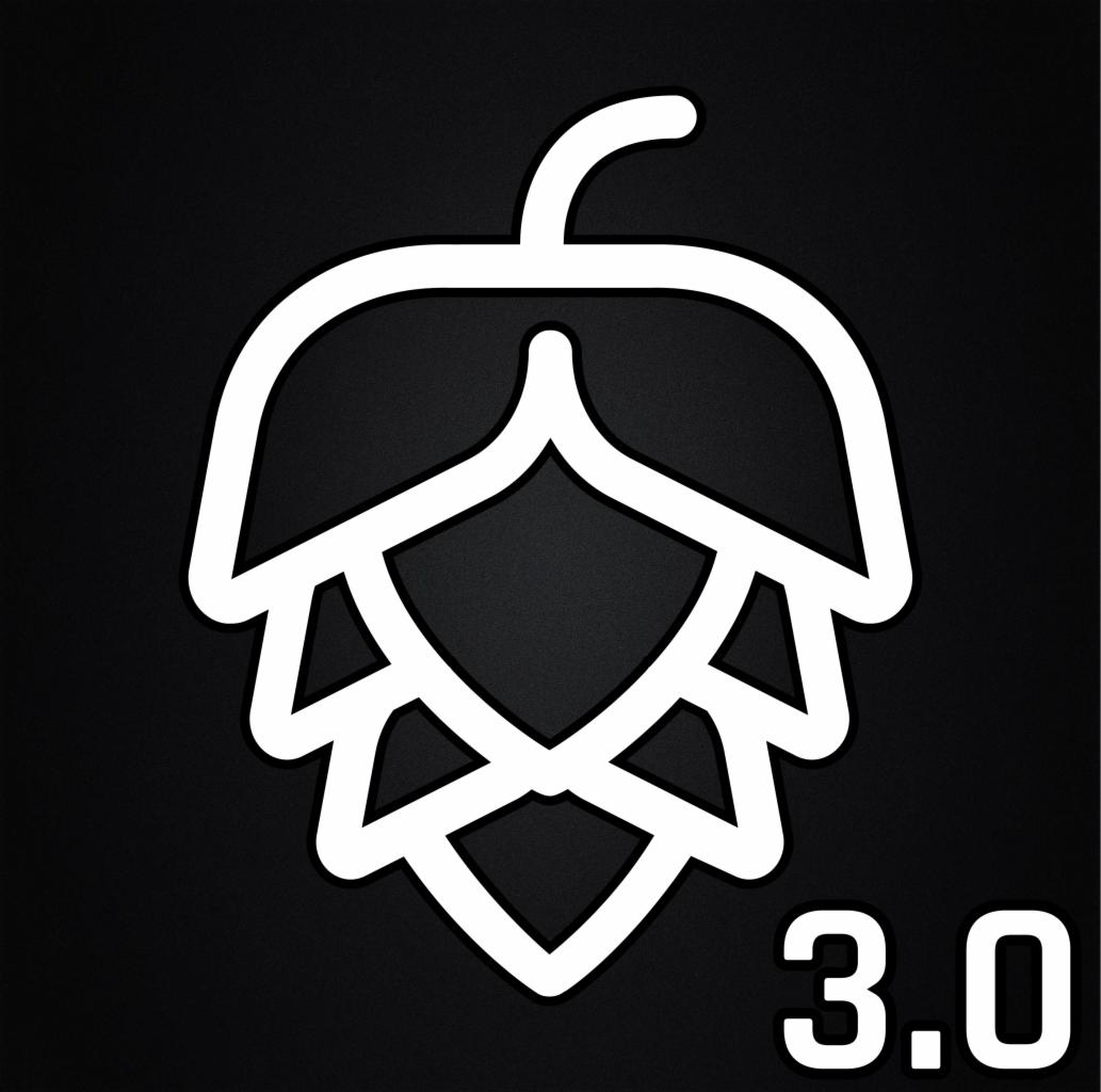 Stylizowany, biały kontur szyszki chmielu i liczba 3.0 na czarnym, teksturowanym tle.