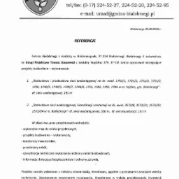 Skan dokumentu referencyjnego od Gminy Białobrzegi dla Usług Projektowych Tomasza Staszewskiego, potwierdzający realizację projektów rozbudowy sieci wodociągowej i kanalizacji sanitarnej.