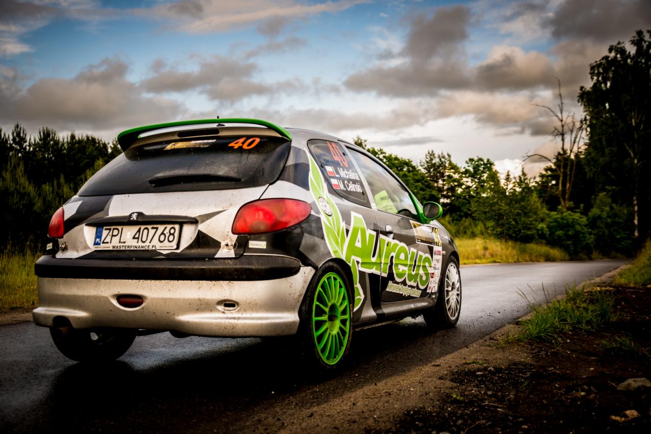 Rajdowy Peugeot 206 z numerem 40 i zielonymi akcentami na mokrej asfaltowej drodze, widok z tyłu, dynamiczne chmury na niebie.