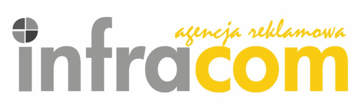 Logo firmy Infračom, agencji reklamowej, z szarym napisem 'infra' i żółtym 'com' oraz stylizowanym symbolem w lewym górnym rogu.