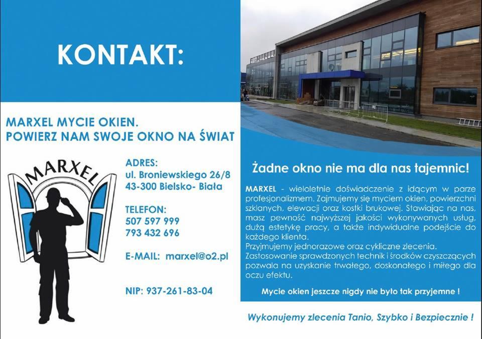Reklama firmy Marxel specjalizującej się w czyszczeniu powierzchni szklanych i elewacji, z widocznym budynkiem biurowym z dużymi oknami.
