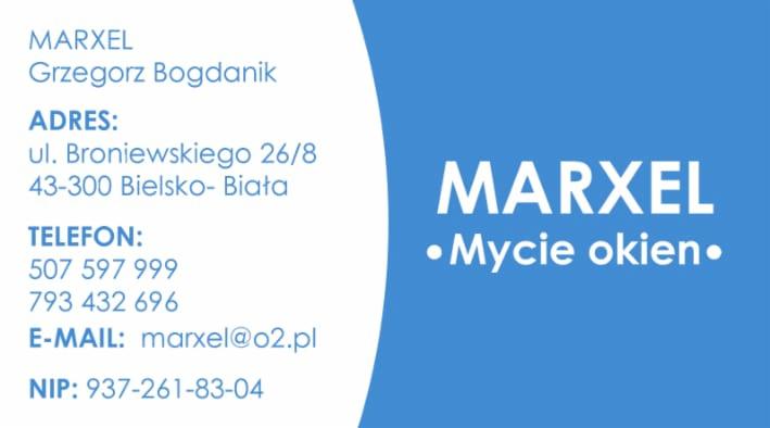 Wizytówka firmy MARXEL z danymi kontaktowymi i informacją o świadczeniu usług mycia okien, utrzymana w kolorystyce biało-niebieskiej.