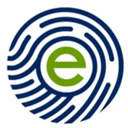 Logo firmy z motywem odcisku palca w odcieniach niebieskiego i zielonego, umieszczone centralnie na białym tle.