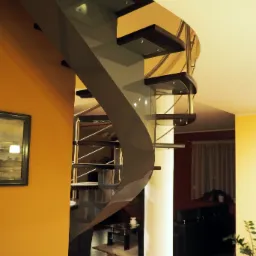 Spiralne schody z elementami szklanymi i drewnianymi stopniami, wsparte na centralnym słupie, widoczne z perspektywy dolnej części schod&oacute;w, z elementami wystroju wnętrza w tle.