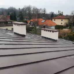 Nowy, brązowy dach z blachy trapezowej, widoczne kominy wentylacyjne i okoliczne domy w tle.