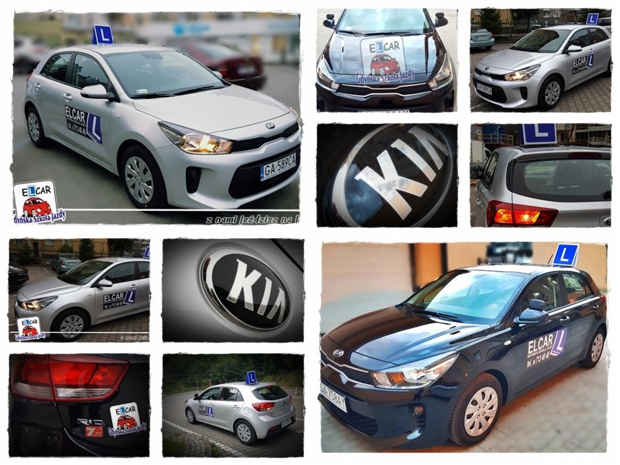 Kolaż zdjęć samochodów Kia Rio z oznaczeniami 'L' i logo 'ELCAR' na dachu, karoserii i masce, prezentujący pojazdy wykorzystywane do nauki jazdy.