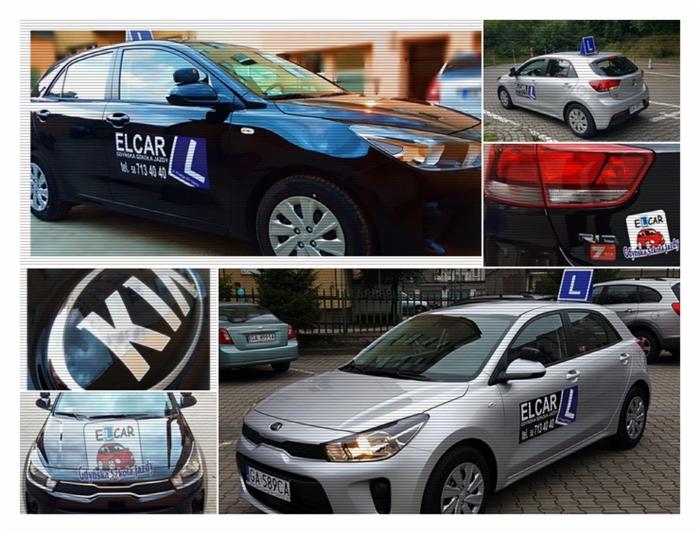 Kolaż zdjęć samochodów z oznaczeniami nauki jazdy 'L' i logo firmy w Gdyni, prezentujący flotę pojazdów.