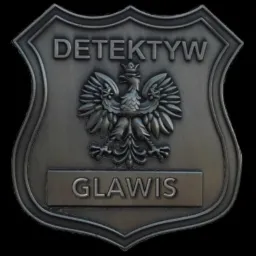 Metalowa odznaka z orłem w koronie i napisem 'GLAWIS' pod spodem, stylizowana na policyjną.