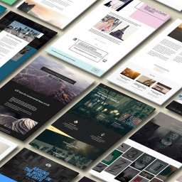 Nowoczesne-Strony.com - Układ mockupów różnych stron internetowych o tematyce podróżniczej, przedstawiony pod kątem na jasnym tle.