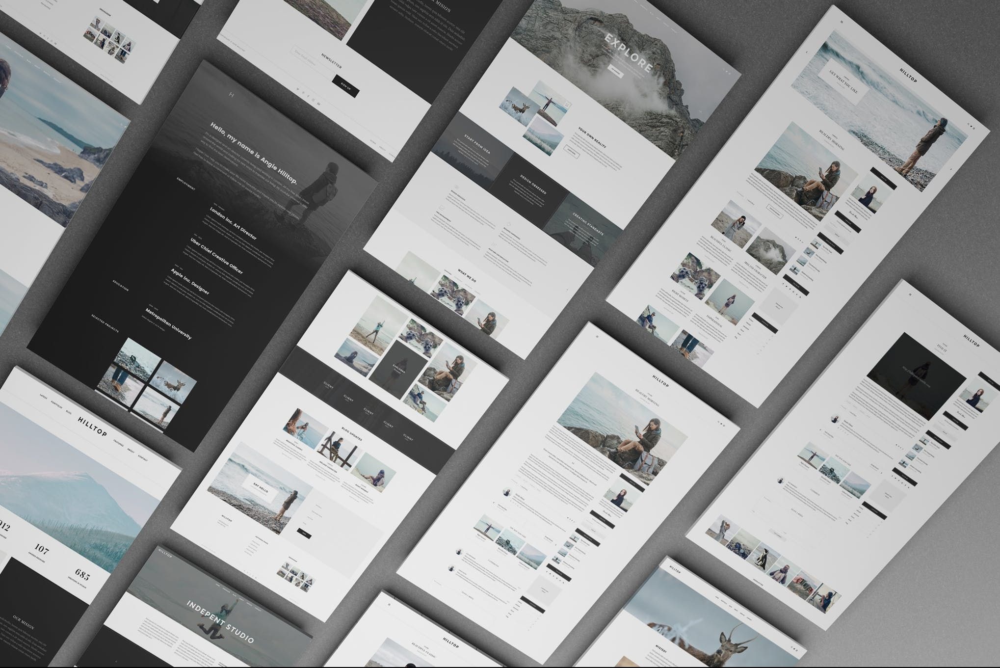 Kompozycja kilku ekranów różnych stron internetowych z motywami krajobrazowymi i portretowymi, ułożonych pod kątem na szarym tle.