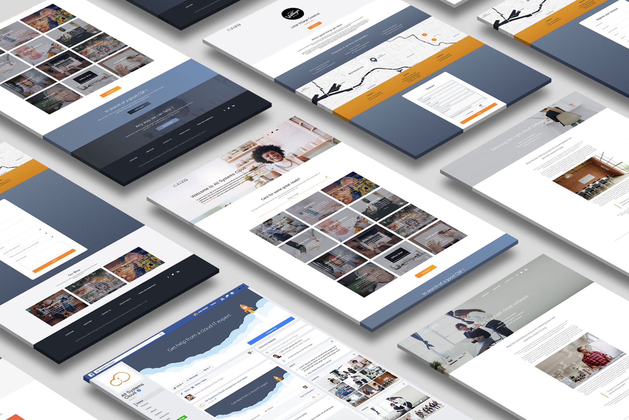 Rzut izometryczny na ekrany urządzeń prezentujących różne strony internetowe z elementami graficznymi, formularzami kontaktowymi i treściami blogowymi.