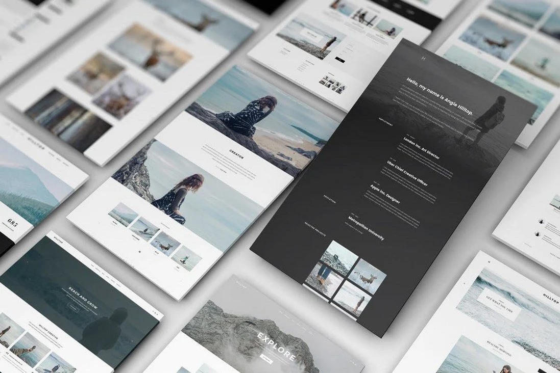 Mockupy różnych układów stron internetowych z motywem krajobrazowym, prezentowane pod kątem na jasnym tle, ukazujące detale projektu graficznego z Poznania.