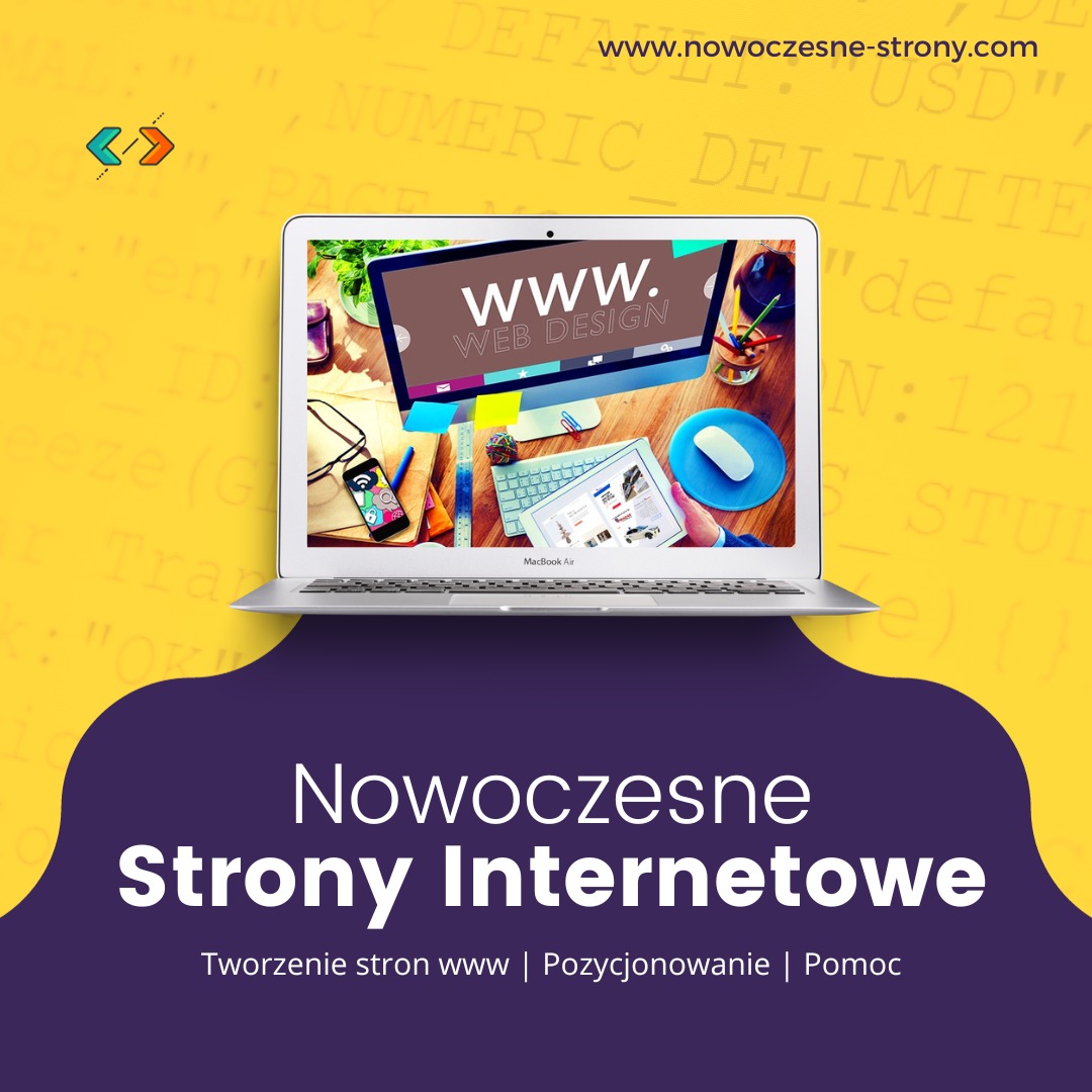 Laptop MacBook Air wyświetlający ekran z napisem 'WWW. WEB DESIGN' otoczony biurowymi akcesoriami: smartfon, tablet, klawiatura, mysz, roślina doniczkowa, na tle żółto-fioletowego banera z napisem...