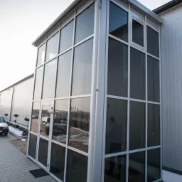 Szklana dobudówka do budynku przemysłowego z białymi ramami, widoczny fragment rynny, odbicie samochodów w szybach.