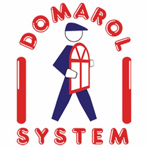 Grafika przedstawia stylizowane logo firmy 'DOMAROL SYSTEM' z postacią niosącą okno z poprzeczkami i pionowymi elementami po bokach.