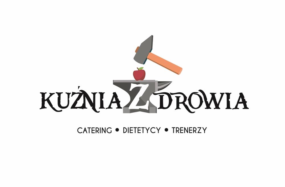 Logo firmy Kuźnia Zdrowia z jabłkiem na kowadle uderzanym młotem, oferującej catering, dietetykę i usługi trenerskie.