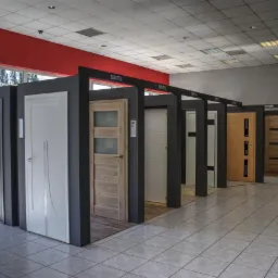 Ekspozycja różnych modeli skrzydeł w salonie sprzedaży, prezentacja obejmuje drzwi pełne, z przeszkleniami i w zróżnicowanej kolorystyce.