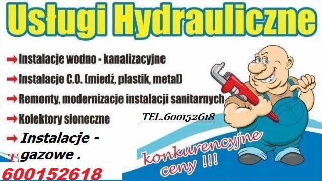 Ilustracja reklamowa usług hydraulicznych z tekstem o instalacjach wodno-kanalizacyjnych, C.O., remontach sanitarnych, kolektorach słonecznych i instalacjach gazowych, numerem telefonu...