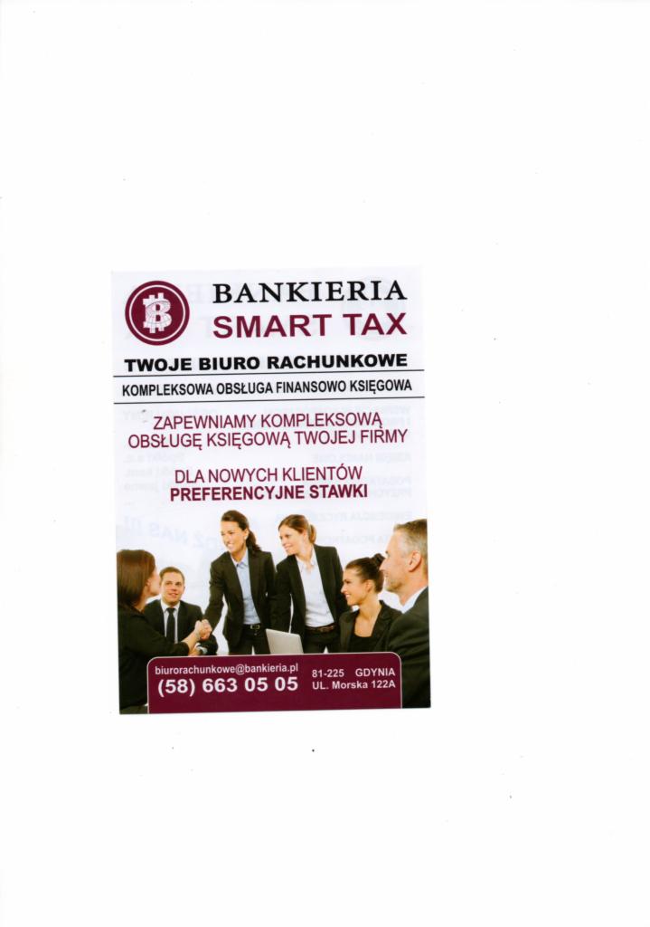 Ulotka reklamowa firmy Bankieria Smart Tax oferującej kompleksową obsługę finansowo-księgową, z hasłem 'Dla nowych klientów preferencyjne stawki' i zdjęciem zespołu podczas spotkania z klientami.