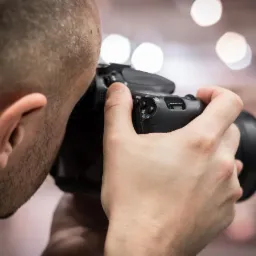 Mężczyzna z bliska, trzymający aparat cyfrowy i robiący zdjęcie, z widocznym uchem i fragmentem potylicy, na rozmytym tle.