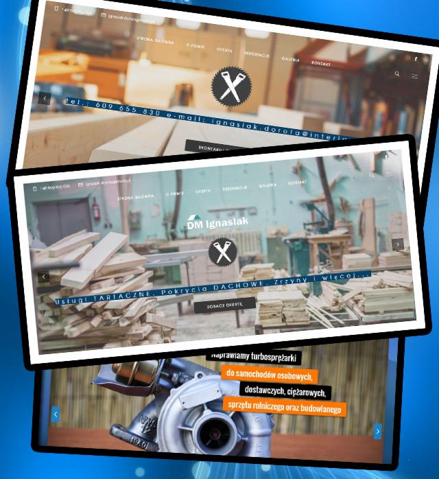 Prezentacja strony internetowej firmy DM Ignasiak, specjalizującej się w usługach tartacznych i pokryciach dachowych, obok fragment strony z ofertą naprawy turbosprężarek.